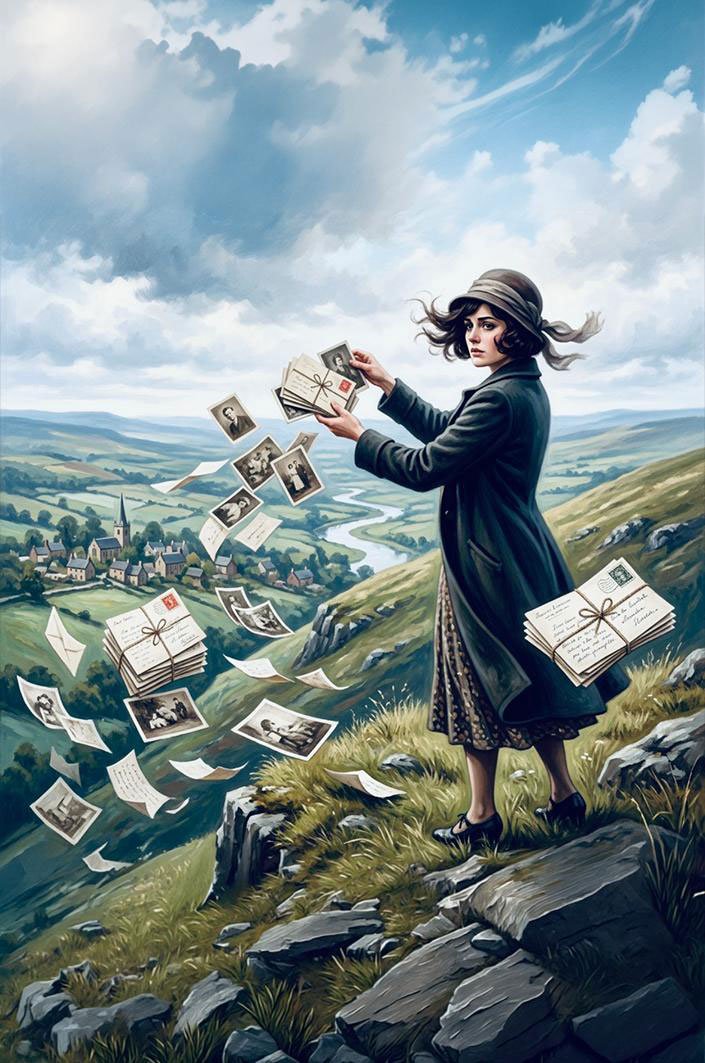 Oracle artwork featuring a woman and dog on a village railway